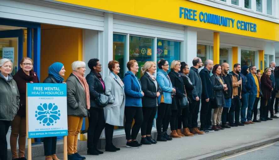 A diverse group of people line up outside a community center in Europe, eagerly waiting to access free therapy services. The building is welcoming, with bright colors and a sign displaying the available mental health resources