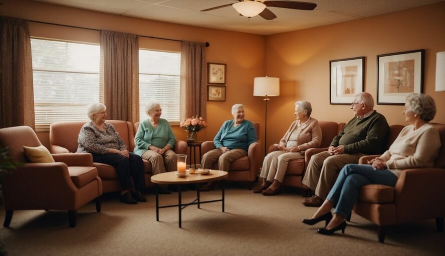 A group of older adults gather in a cozy therapy room, surrounded by warm colors and comfortable seating. A sign prominently displays "Senior Discounts on Therapy," offering affordable mental health care for the elderly
