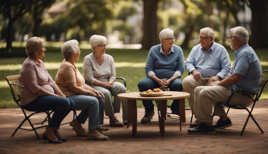 A group of older adults sitting in a circle, engaged in conversation with a therapist. A sign on the wall advertises senior discounts for therapy