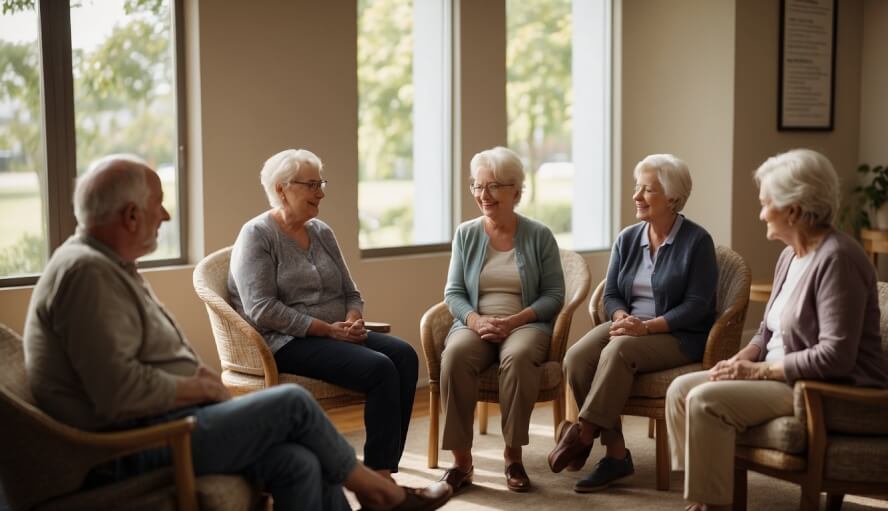 A group of older adults sitting in a circle, engaged in therapy. A sign advertises senior discounts for mental health care. The setting is warm and inviting, with comfortable chairs and natural lighting