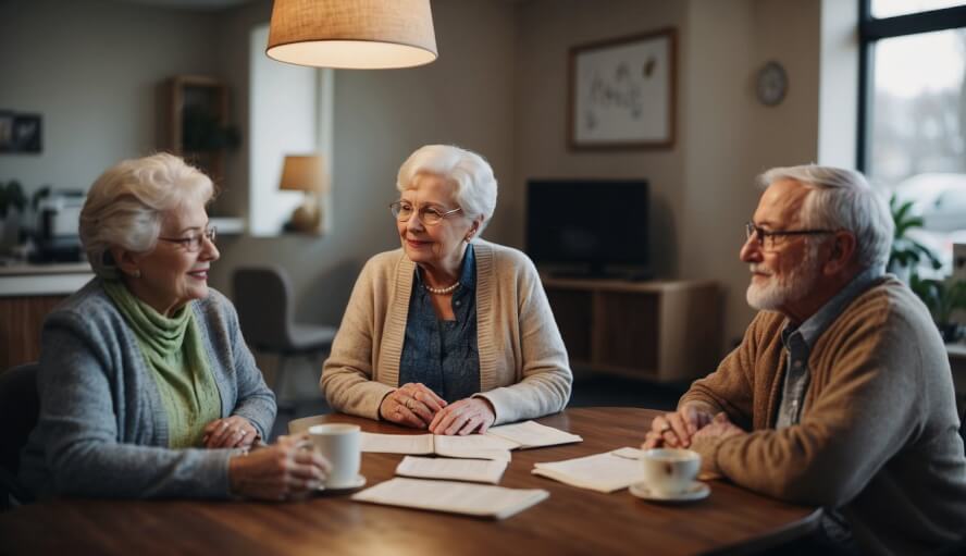 A group of elderly individuals gather in a cozy therapy office, discussing the benefits of mental health care. A sign prominently displays "Senior Discounts Available" while pamphlets and brochures on continuing education options are neatly arranged on a table