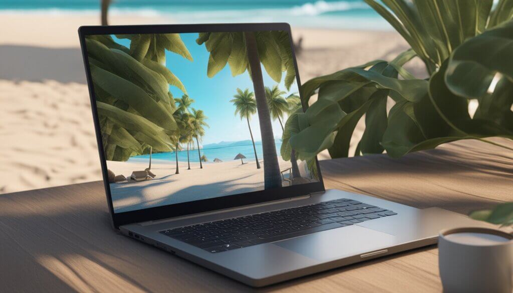 A laptop displaying a video call with a counselor, surrounded by a calming beach scene and tropical plants