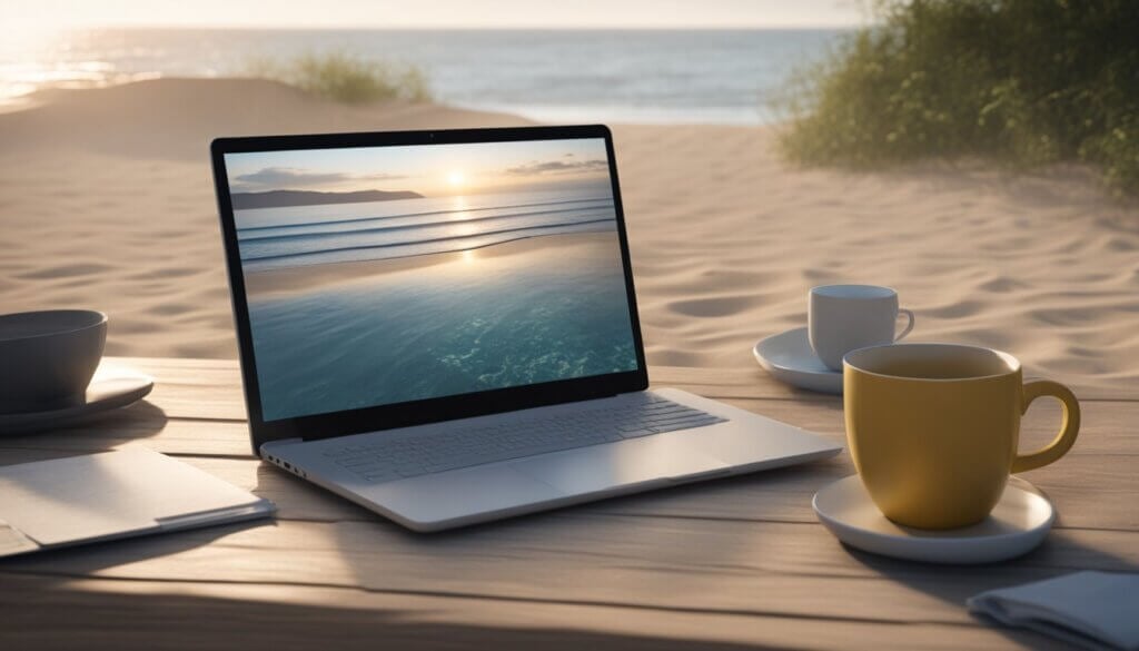 A laptop displaying a serene beach scene, with a virtual therapist and client engaged in conversation via video call