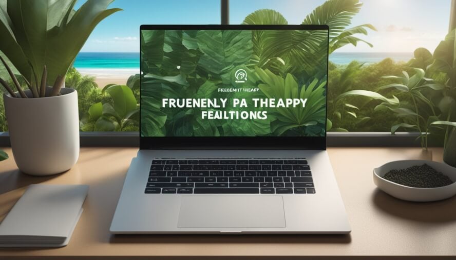 A laptop displaying a website with "Frequently Asked Questions Online Therapy Guam" on the screen, surrounded by tropical plants and a serene ocean view