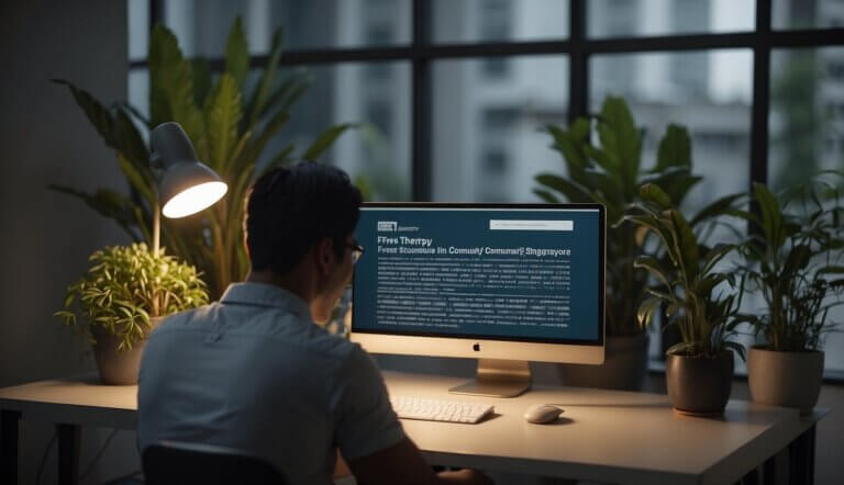 A person sitting at a desk, typing on a laptop with the words "Free Therapy in Singapore" on the screen. A sign on the wall reads "Community Counseling Center."