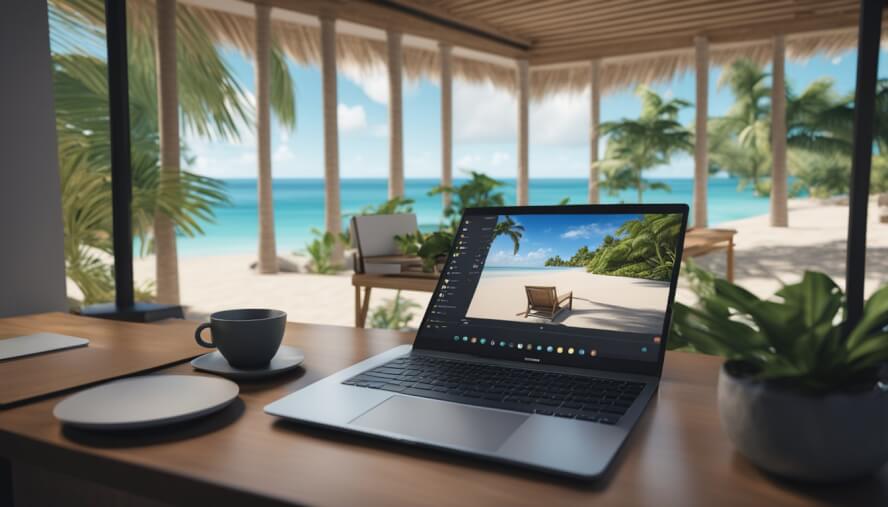 A laptop displaying a virtual therapy session with a tropical Guam backdrop. The screen shows a therapist and client engaging in online counseling