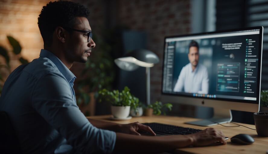 A person sitting at a computer, with a calm and relaxed expression on their face. A virtual therapy session is taking place, with the therapist and client engaging in conversation through the screen