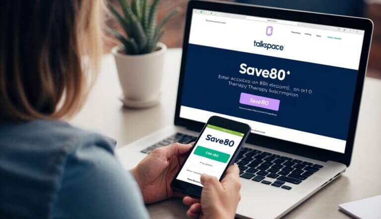 A person entering a promo code "SAVE80" on the Talkspace website, receiving an $80 discount on their therapy subscription