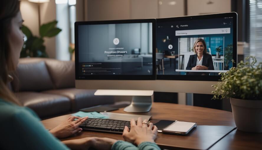 A therapist's office with a computer and comfortable seating, showing a client engaging in a video call while also having traditional therapy materials nearby