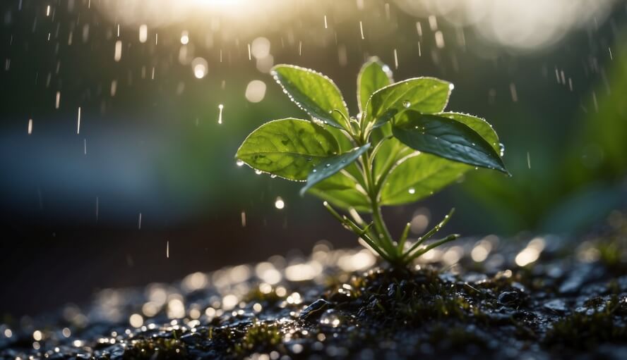 A small plant reaching for sunlight, but bending under the weight of heavy raindrops
