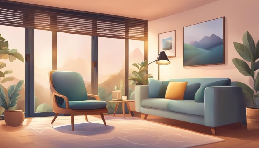 A laptop with a video call interface, a cozy room with soft lighting, a comfortable chair, and a serene atmosphere