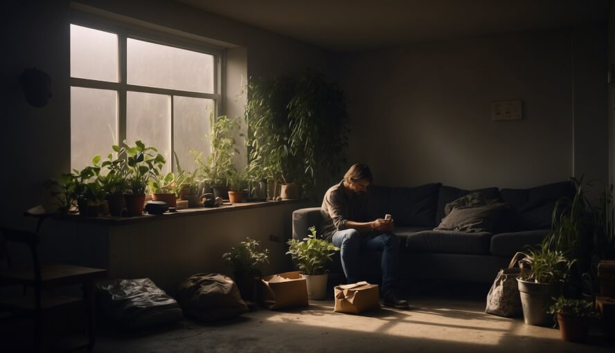 A dimly lit room with scattered belongings, a closed window, and wilted plants. A person sitting alone, shoulders slumped, and a heavy atmosphere
