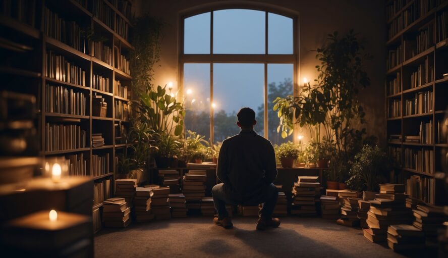 A person sitting alone in a quiet, dimly lit room, surrounded by books, plants, and soft music, with a thoughtful expression on their face