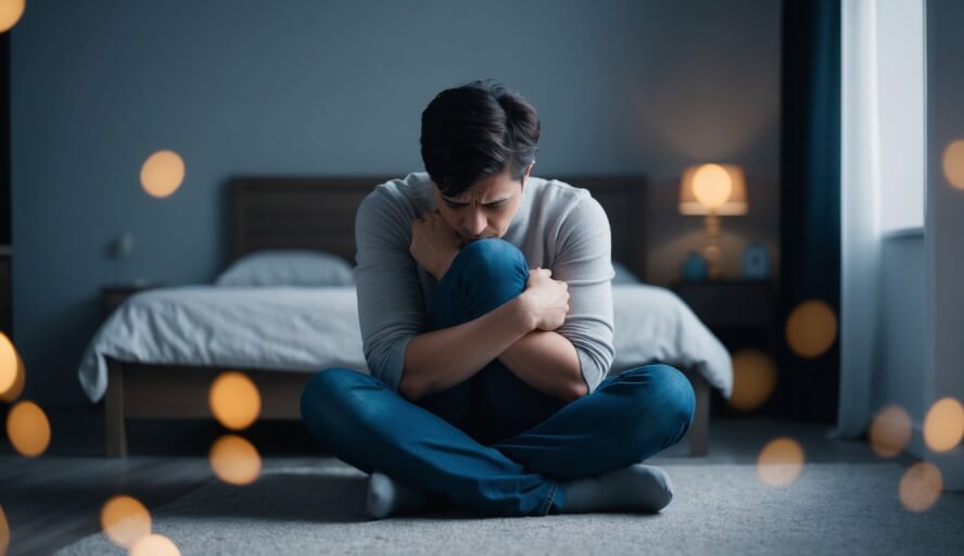 A person sitting alone in a dimly lit room, clutching their knees to their chest with a distressed expression on their face