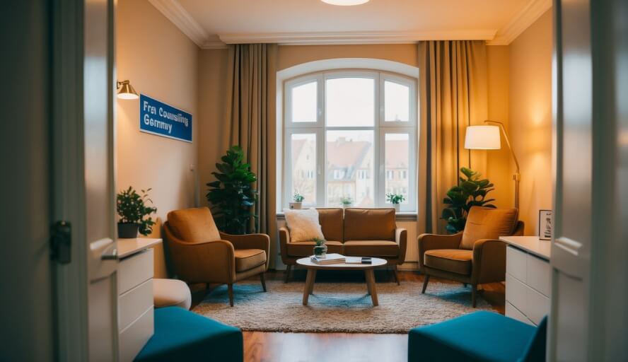 IA cozy counseling office in Germany, with warm lighting and comfortable seating. A sign indicates free or low-cost services