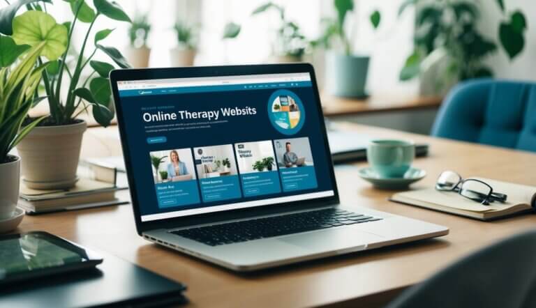 A laptop displaying various online therapy websites, surrounded by a cozy office setup with a desk, chair, and plants