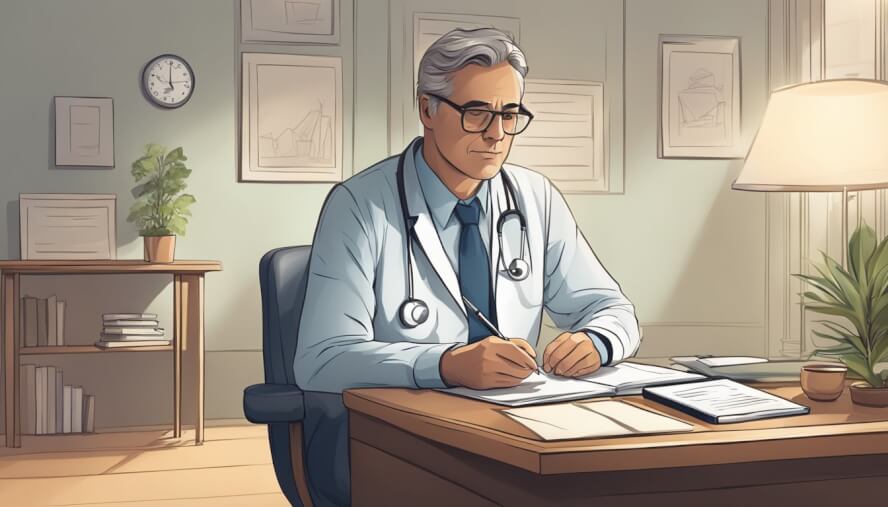 A psychiatrist sitting behind a desk, listening attentively to a patient while taking notes. The room is calm and inviting, with soft lighting and comfortable seating