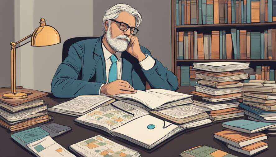 A psychiatrist pondering over a complex case, surrounded by books and medical journals, with a thoughtful expression