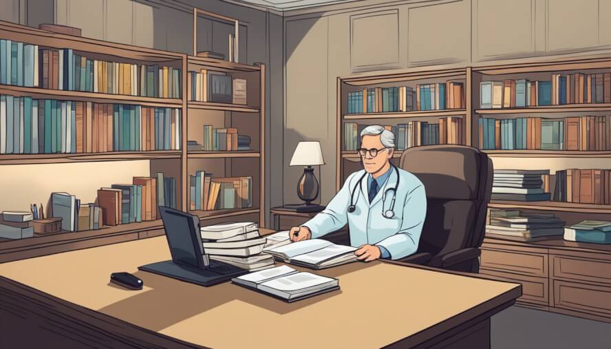 A psychiatrist sits behind a desk, listening to a patient. A bookshelf filled with medical texts lines the wall. The room is calm and inviting
