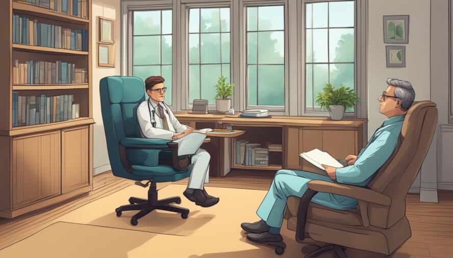 A psychiatrist sitting in an office chair, listening to a patient. The room is cozy with a bookshelf and a large window