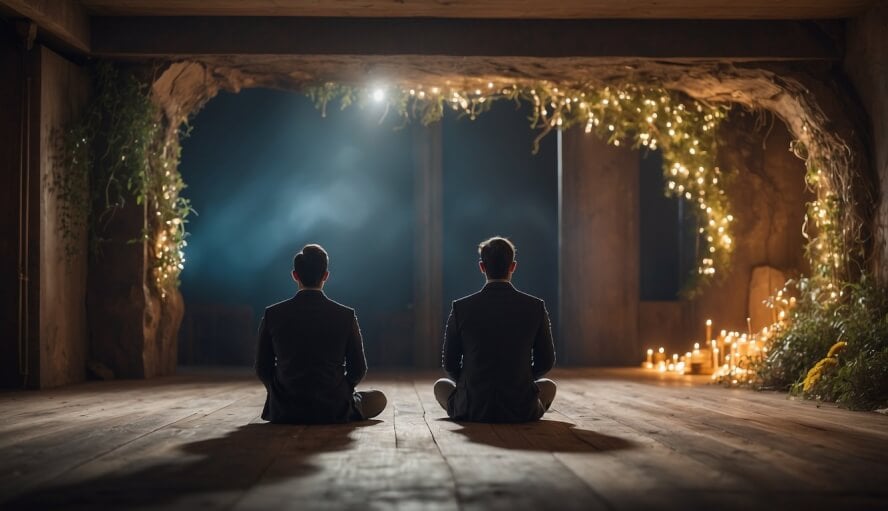 A person sitting in a room, torn between two paths, one leading to integration and wholeness, the other to finding meaning and purpose in their existence