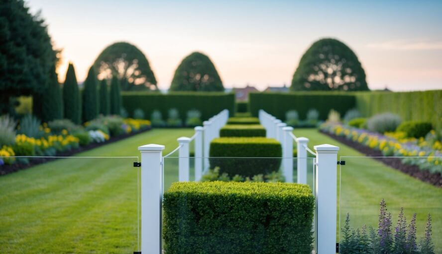 A clear fence separating two distinct, well-maintained gardens