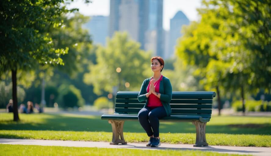 A person sitting on a park bench, surrounded by nature, taking deep breaths and practicing mindfulness to manage their emotional reactions