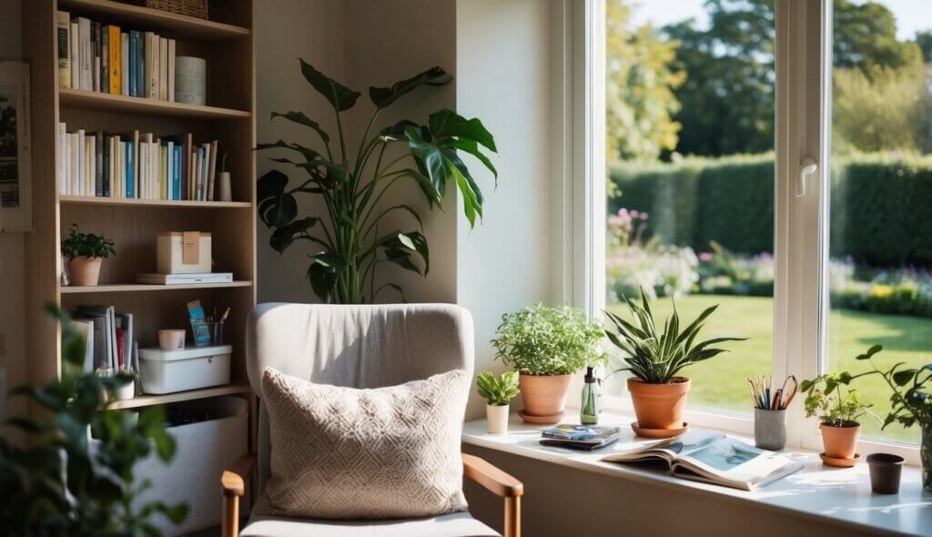 A cozy, sunlit room with a bookshelf, plants, art supplies, and a comfy chair by a window overlooking a peaceful garden