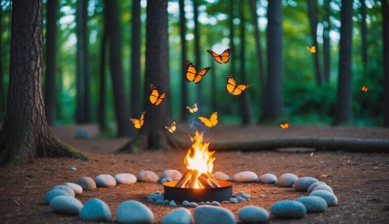 A serene forest clearing with colorful butterflies fluttering around a small, glowing campfire, surrounded by a circle of stones