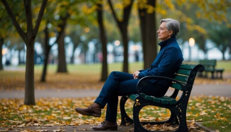 A person sitting alone on a park bench, surrounded by fallen leaves and a serene atmosphere, gazing into the distance with a contemplative expression