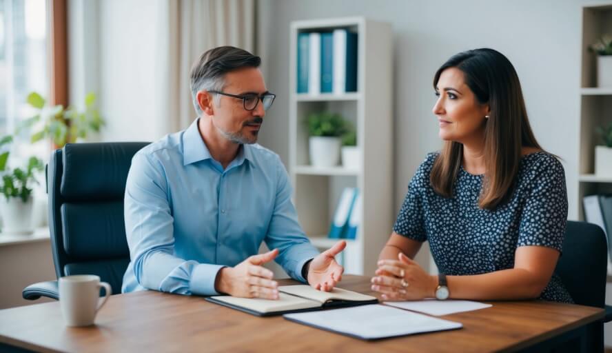 A therapist guides a client through exposure exercises, while discussing thoughts and emotions in a cozy office setting