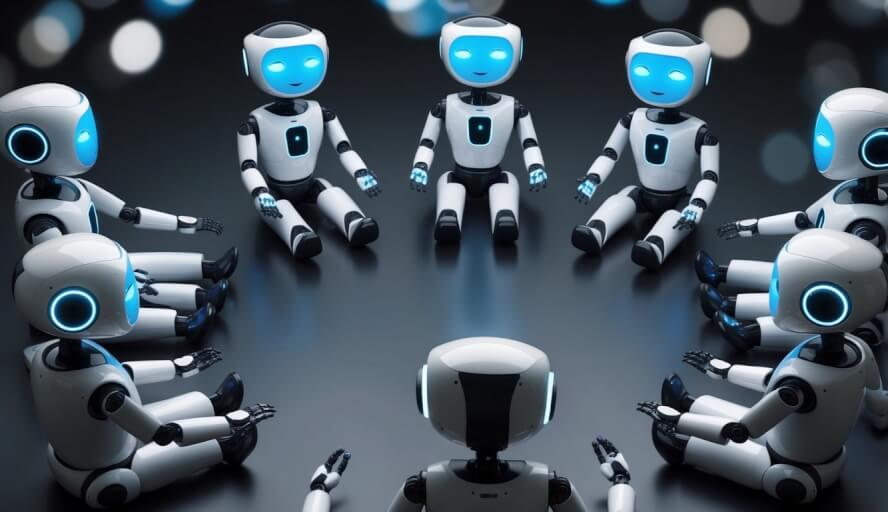 A group of AI therapy bots sit in a circle, each with a different expression on their digital faces. Some appear comforting, while others seem glitchy and uncertain