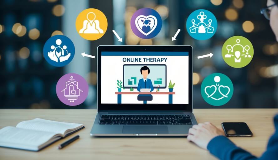 A laptop with a screen displaying an online therapy session, surrounded by diverse symbols representing inclusivity and accessibility