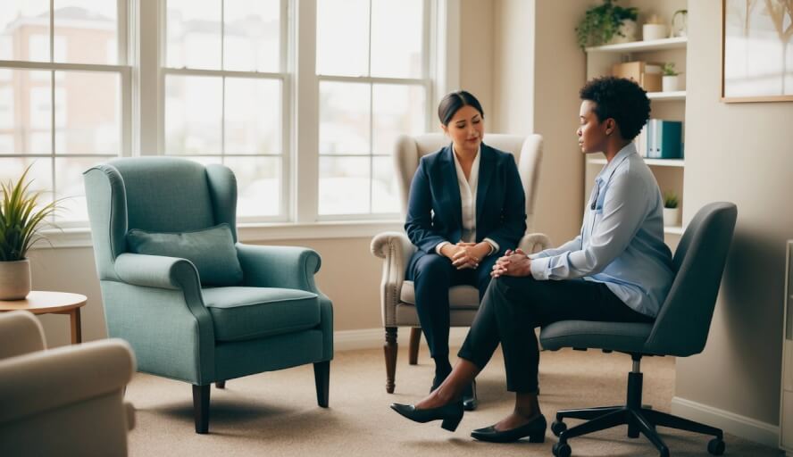 A cozy office with a comfortable chair and soft lighting. A peaceful atmosphere with a pensive therapist sitting across from an empty chair