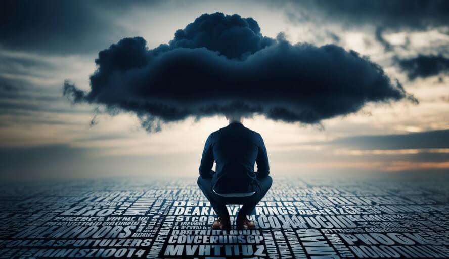 A dark cloud hovers over a person surrounded by heavy words