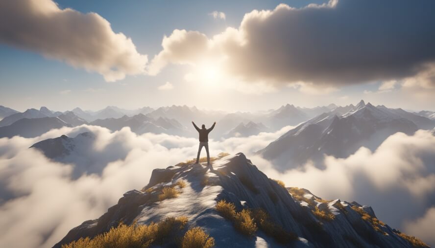 A person stands on a mountain peak, arms raised triumphantly, surrounded by swirling clouds and radiant sunlight