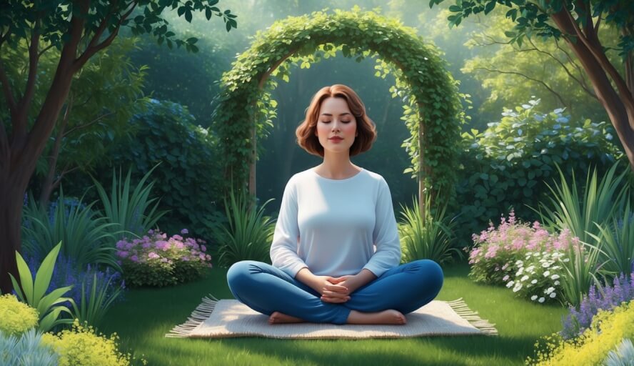 A person surrounded by various triggers, shown managing their emotions through deep breathing and positive self-talk