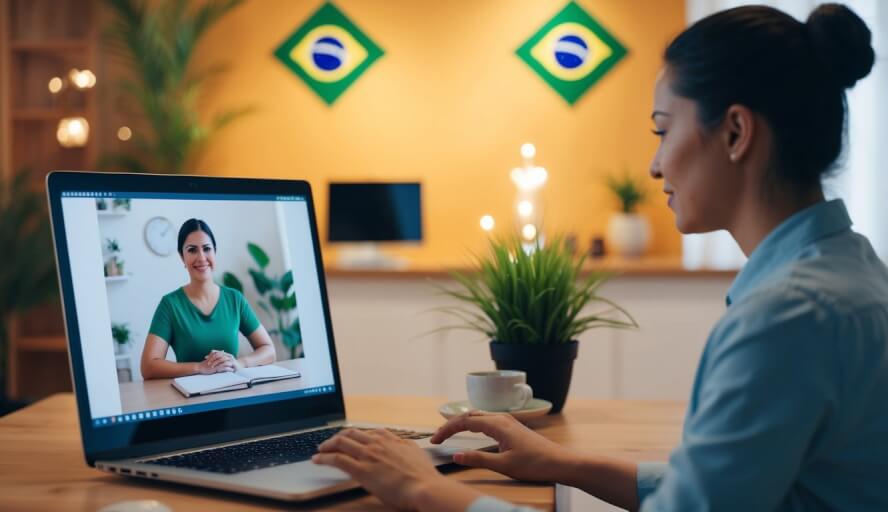 A therapist conducts an online session with a client in Brazil, both visible on a computer screen. The backdrop features a warm, inviting environment with Brazilian cultural elements