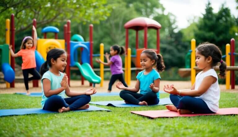 Children playing in a colorful, nature-filled playground, engaging in activities like yoga, drawing, and deep breathing exercises