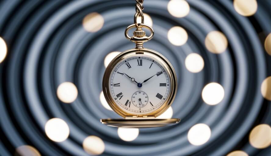 A pocket watch swinging back and forth, surrounded by swirling patterns and spirals