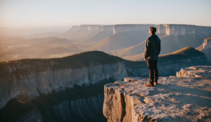 A person standing tall on a cliff, looking out at a vast, open landscape, exuding both self-confidence and self-esteem