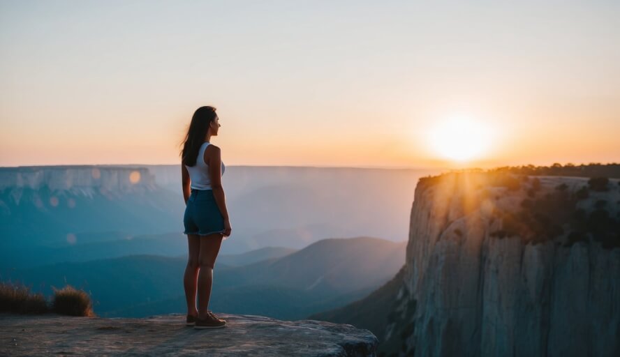 A woman standing alone on a cliff, looking out at a vast, empowering landscape. The sun is setting, casting a warm glow over the scene
