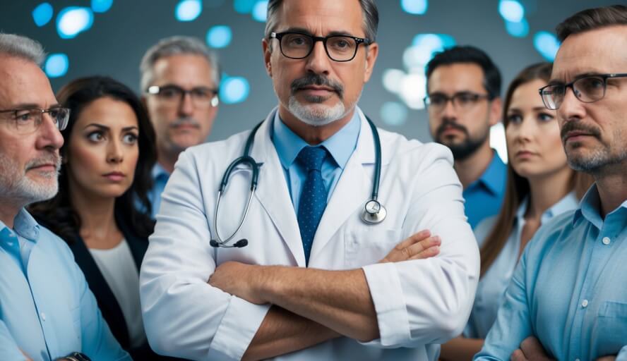 A therapist confidently dispels myths, surrounded by skeptical faces