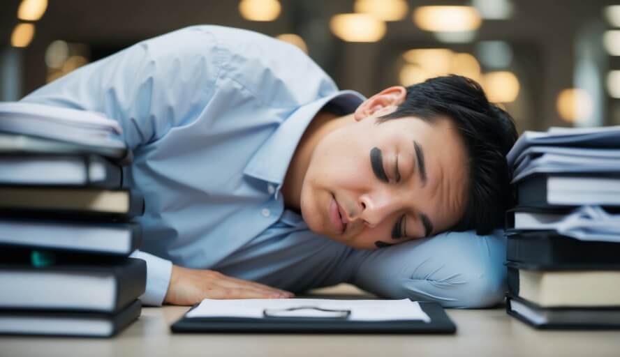 A person slumped over a desk with a pile of work, dark circles under their eyes, and a defeated expression