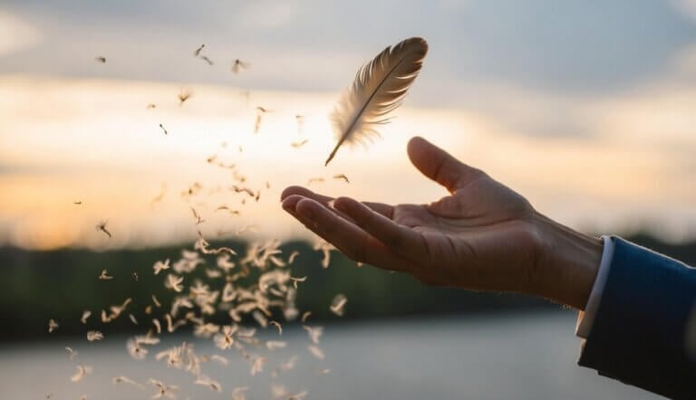 A bird releasing a feather into the wind, symbolizing the act of letting go and moving on from the past