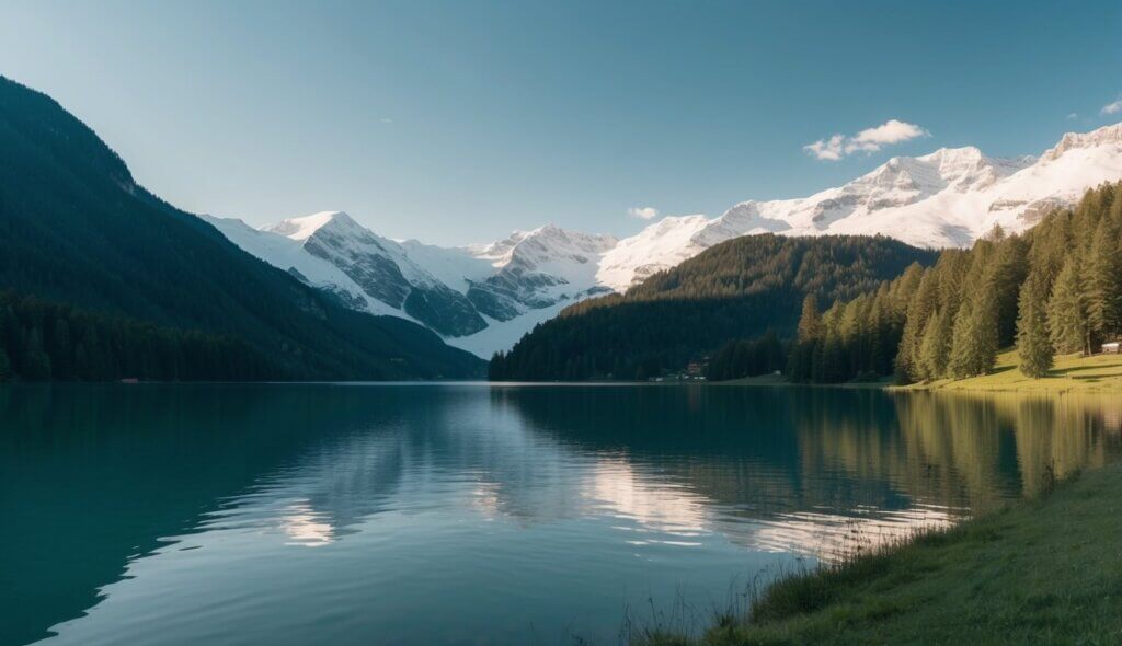 A serene Swiss landscape with a calm lake, surrounded by snow-capped mountains and lush greenery, providing a peaceful setting for free therapy