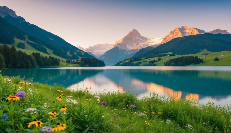 A serene Swiss landscape with a peaceful mountain backdrop and a tranquil lake, surrounded by lush greenery and colorful wildflowers