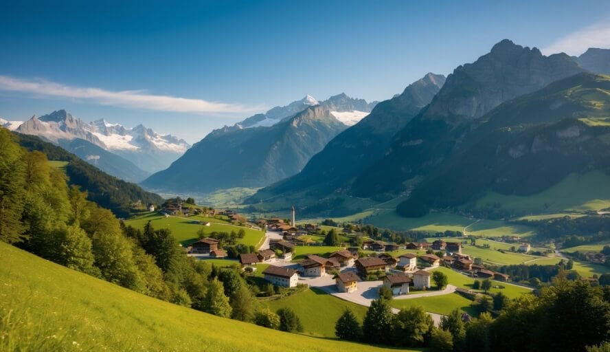 A serene Swiss mountain landscape with a small village nestled in the valley, surrounded by lush greenery and a clear blue sky