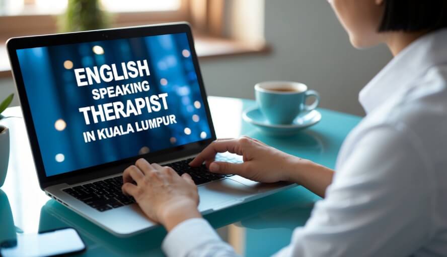 A person searching online for "English speaking therapist in Kuala Lumpur" on a laptop