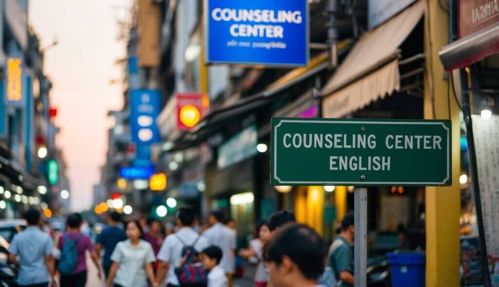 A bustling street in Bangkok, with a sign for a counseling center in English